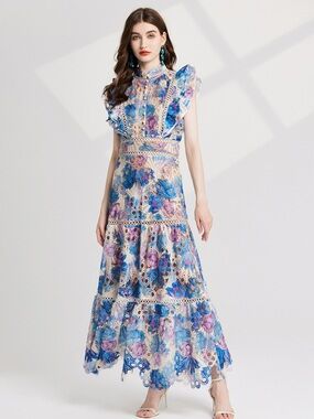 🩵Hello Gorgeous!  Brocade Floral Lace Maxi Dress- Blue